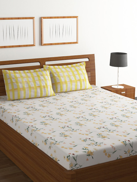 

BOMBAY DYEING White & Yellow Floral Flat 104 TC Cotton Double Bedsheet Pillow Covers