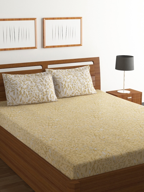 

BOMBAY DYEING Beige Floral Flat 104 TC Cotton 1 Double Bedsheet with 2 Pillow Covers