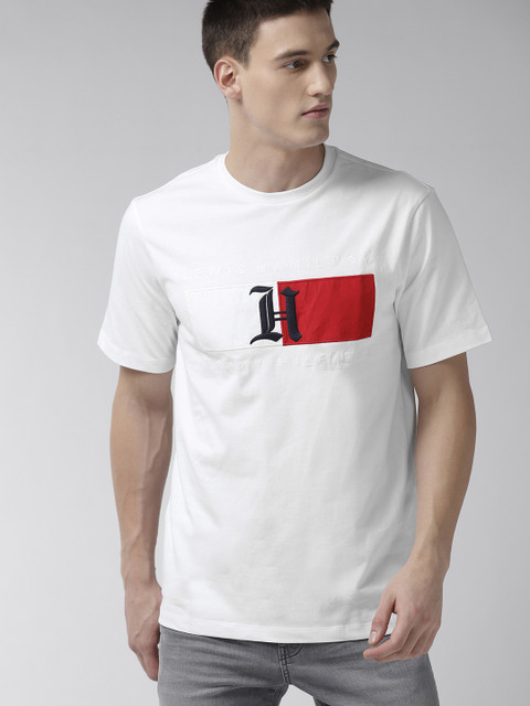 

Tommy Hilfiger Men White Self Design Round Neck Pure Cotton T-shirt
