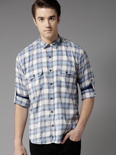 

DENNISON Men Blue & Off-White Comfort Slim Fit Checked Casual Shirt