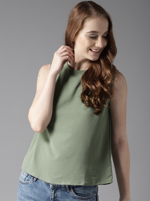 

HERE&NOW Women Olive Green Solid A-Line Top