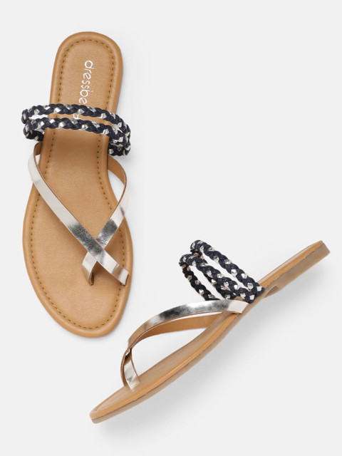 

DressBerry Women Navy Blue & Silver Toned Woven Design One Toe Flats