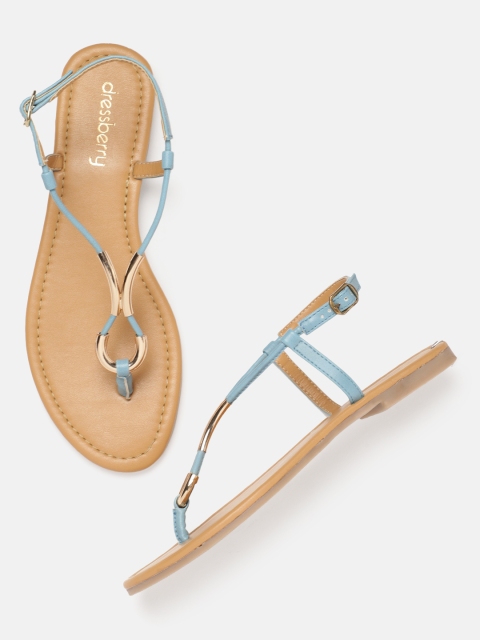 

DressBerry Women Light Blue Solid T-Strap Flats