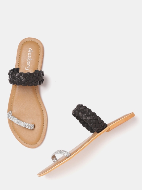 

DressBerry Women Black & Silver-Toned Braided Open Toe Flats