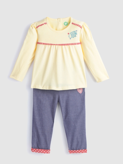 

YK Infant Girls Yellow & Blue Solid Top with Trousers