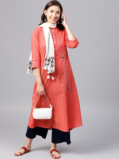 

ANAISA Women Coral Orange & Red Embroidered Striped A-Line Kurta with Dupatta
