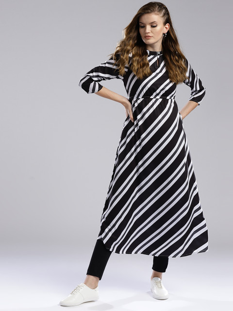 

Hubberholme Women White & Black Striped A-Line Kurta