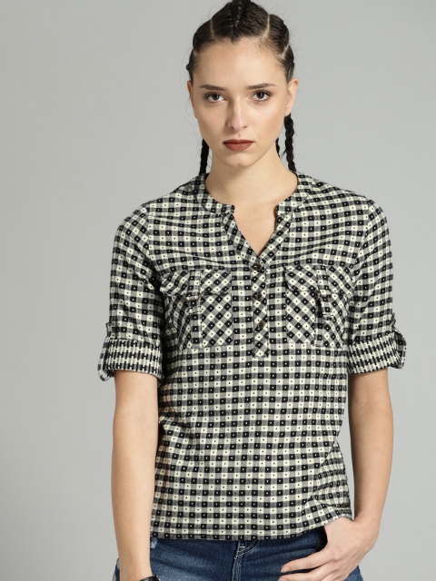 

Roadster Fast and Furious Women White & Black Checked Shirt Style Pure Cotton Top