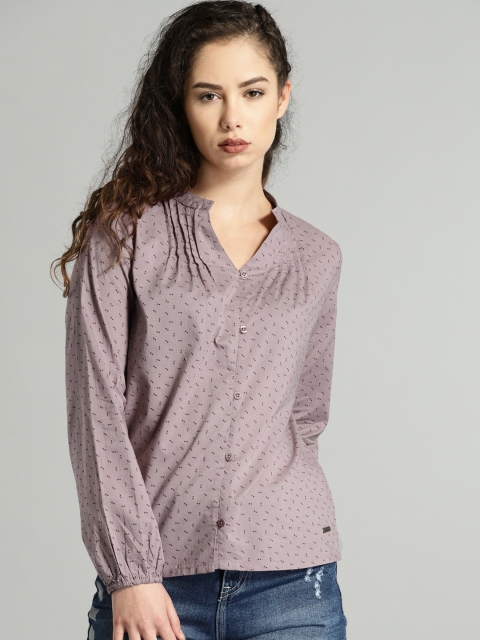 

Roadster Mauve Printed Shirt Style Pure Cotton Top