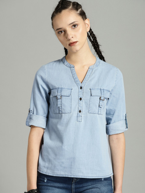 

Roadster Women Blue Solid Shirt Style Chambray Top
