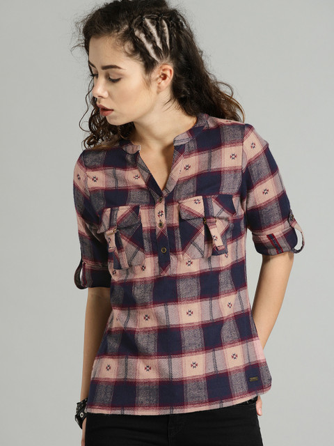 

Roadster Women Navy Blue & Pink Checked Shirt Style Top