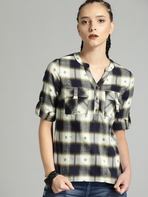 

Roadster Fast and Furious Women Navy Blue & Off-White Checked Shirt Style Pure Cotton Top