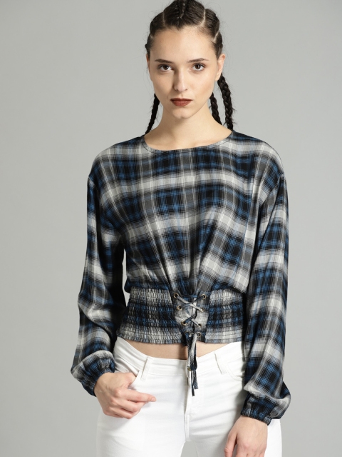 

Roadster Women Blue & Grey Checked Cinched Waist Top