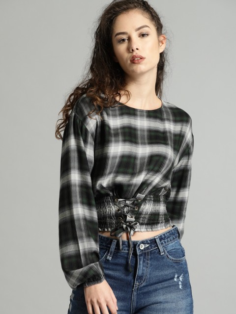 

Roadster Women Green Checked Cinched Waist Top