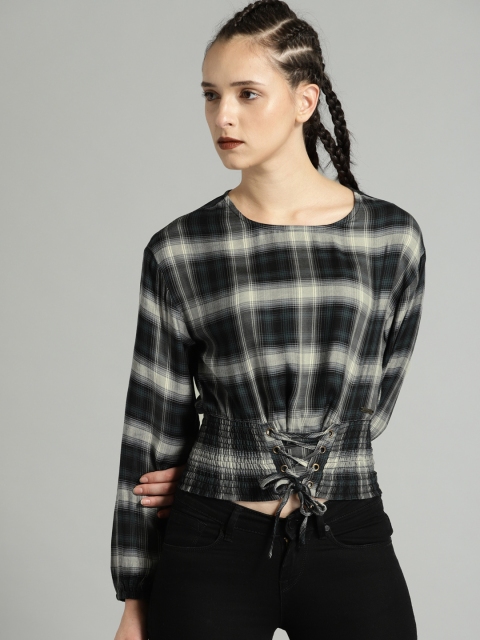 

Roadster Women Olive Green & Grey Checked Cinched Waist Top