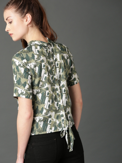 

Roadster Women Olive Green Printed Shirt Style Top