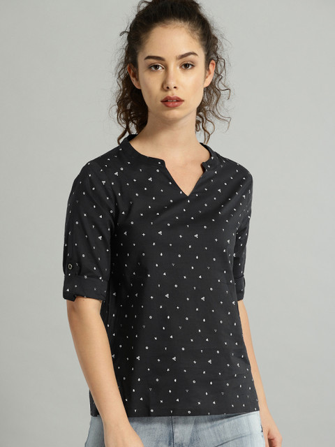 

Roadster Women Black Printed Pure Cotton Top
