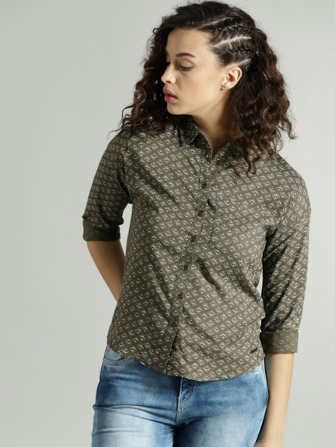 

Roadster Women Olive Green & White Regular Fit Printed Casual Shirt