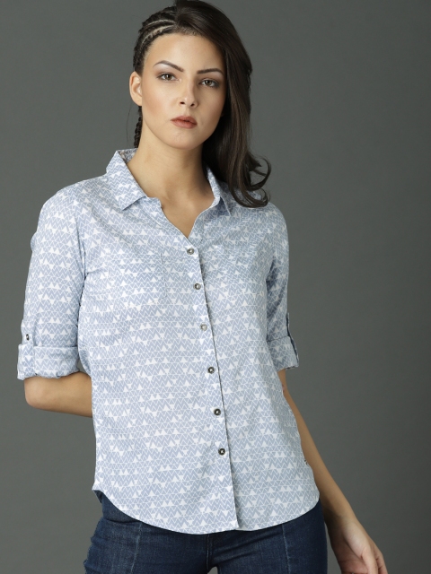 

Roadster Women Blue & White Regular Fit Printed Casual Shirt
