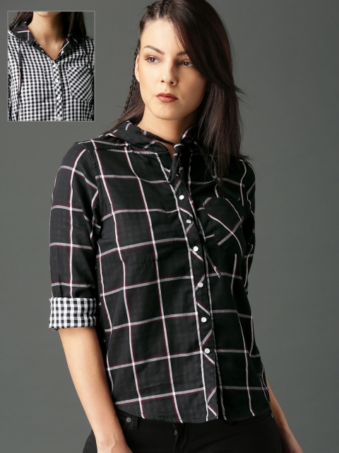 

Roadster Fast and Furious Women Black & White Regular Fit Checked Reversible Casual Shirt
