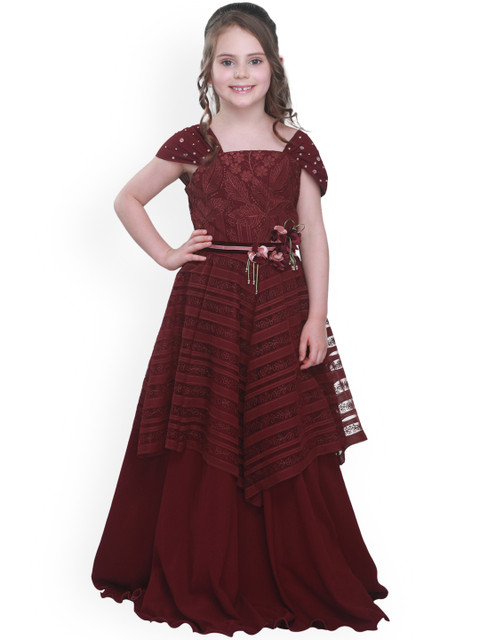 

CUTECUMBER Girls Maroon Self Design Maxi Dress