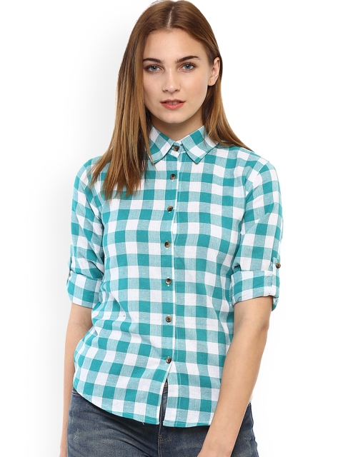 

Mayra Women Turquoise Blue & White Regular Fit Checked Casual Shirt