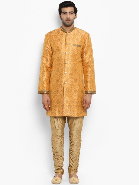 

ethnix Men Orange & Brown Self Design Kurta with Churidar