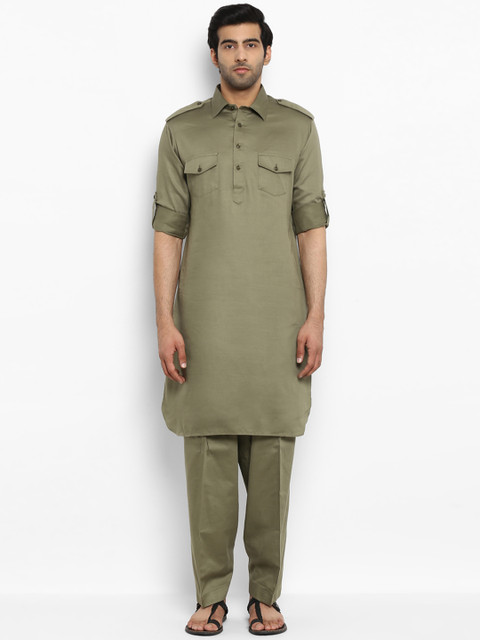 

ethnix Men Olive Green Solid Kurta with Trousers