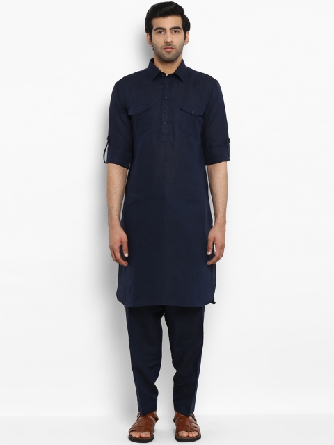 

ethnix Men Navy Blue Solid Kurta with Trousers