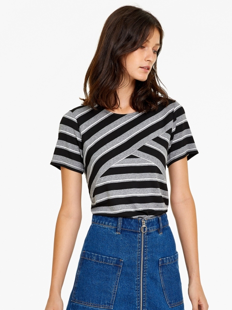 

OVS Women Black Striped Round Neck T-shirt