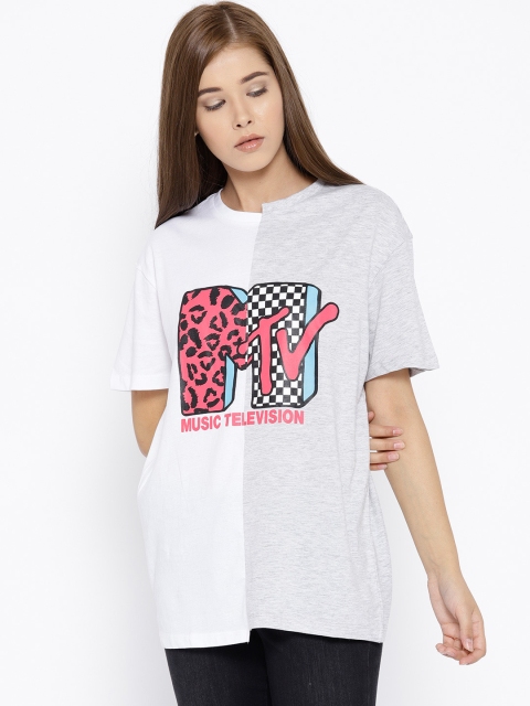 

OVS Women White & Grey Melange MTV Print Panelled T-shirt