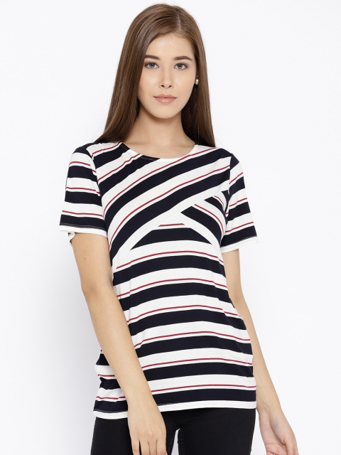 

OVS Women Black & Off-White Striped Round Neck T-shirt