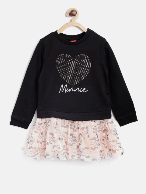 

OVS Girls Black & Peach Printed Drop Waist Full Sleeve Dress