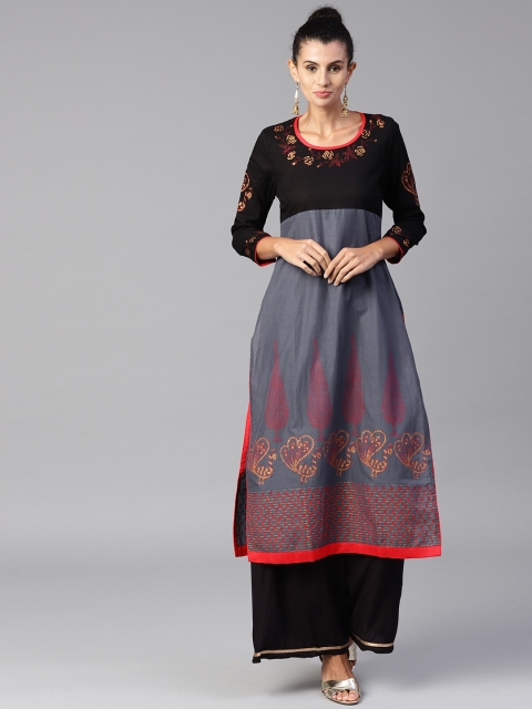 

Tulsattva Women Grey & Black Printed Kurta with Palazzos