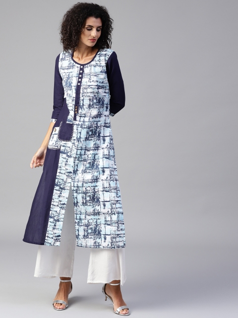

Tulsattva Women Blue & White Printed Straight Kurta