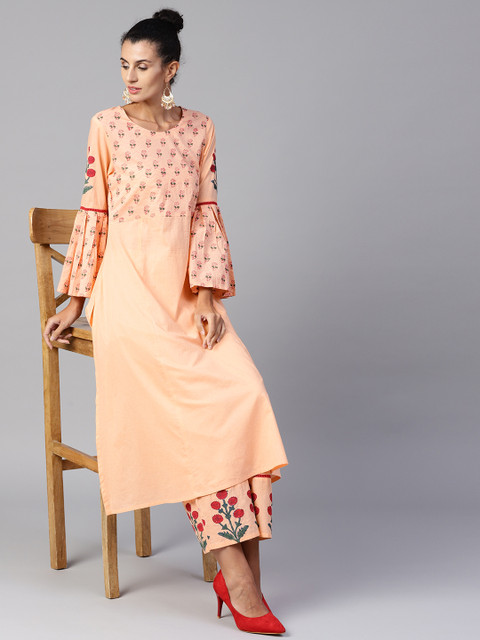 

Tulsattva Women Peach-Coloured Printed Kurta with Palazzos