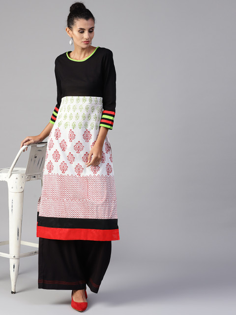 

Tulsattva Women White & Black Printed Kurta with Palazzos