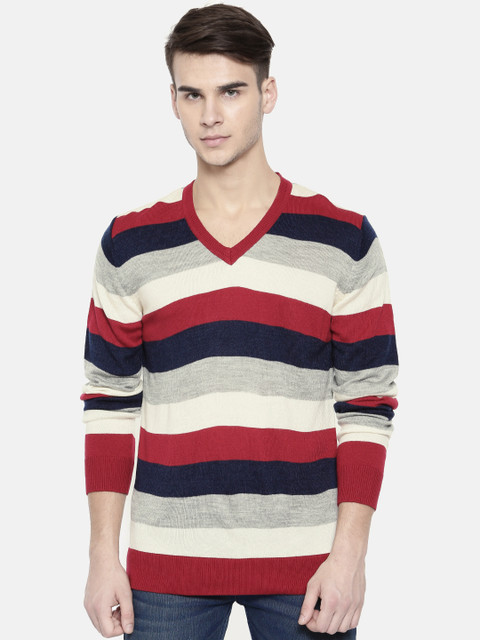 

Indian Terrain Men Red & Navy Blue Striped Pullover