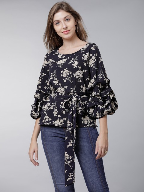 

Tokyo Talkies Women Navy Blue & Off-White Printed Cinched Waist Top
