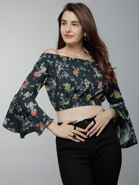 

Tokyo Talkies Women Teal Printed Bardot Top