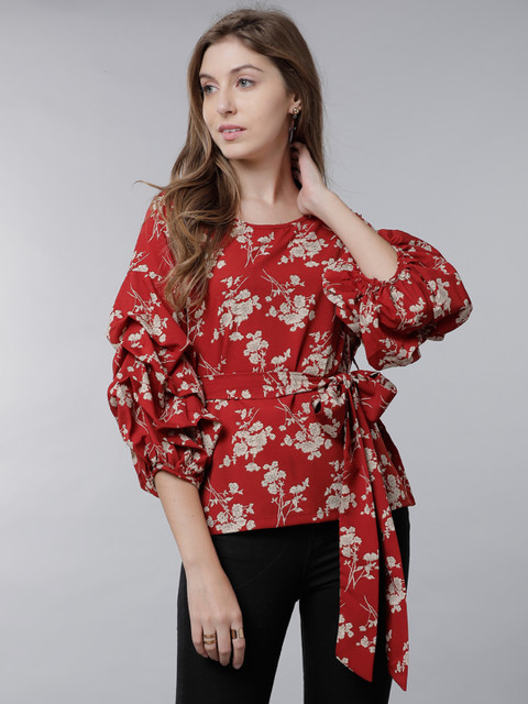 

Tokyo Talkies Women Red & Off-White Printed Cinched Waist Top