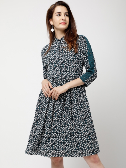 

Tokyo Talkies Women Teal Printed Fit and Flare Dress