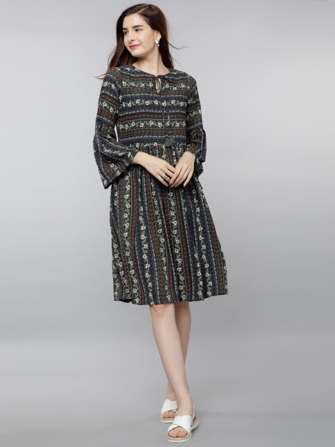 

Tokyo Talkies Women Olive Green Printed Fit and Flare Dress