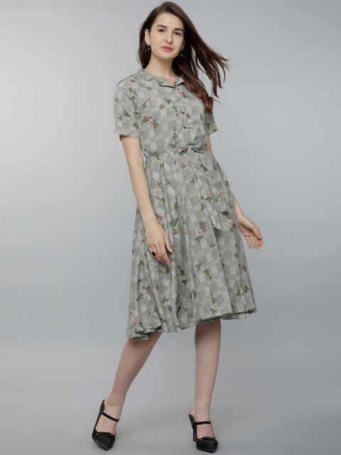 

Tokyo Talkies Women Cream-Coloured Checked Fit and Flare Dress