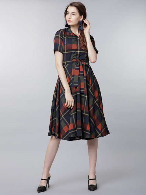 

Tokyo Talkies Women Navy Blue Checked Fit and Flare Dress