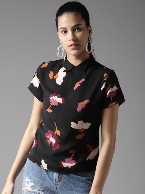

Moda Rapido Women Black & Pink Printed Styled Back Top
