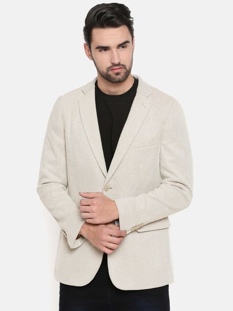 

Indian Terrain Men Beige Self Design Single-Breasted Casual Blazer