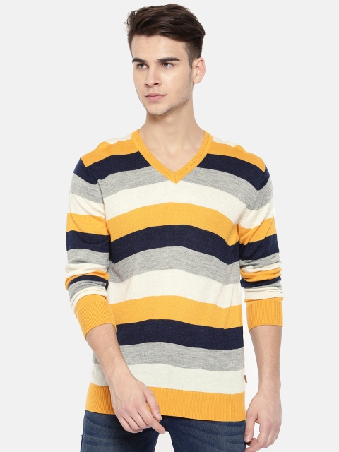 

Indian Terrain Men Mustard & Navy Blue Striped Pullover