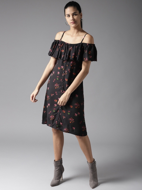 

Moda Rapido Women Black Printed Off-Shoulder A-Line Dress