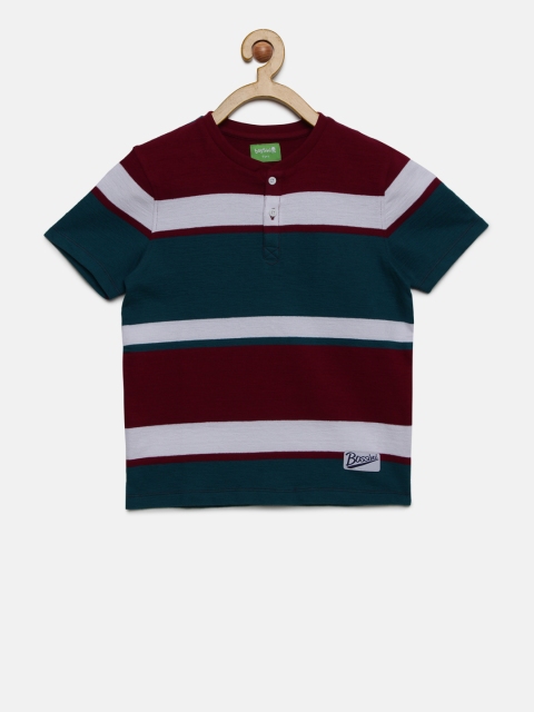 

Bossini Boys Maroon & Navy Blue Striped Henley Neck T-shirt